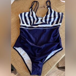 Navy and White Striped One Piece Swimsuit